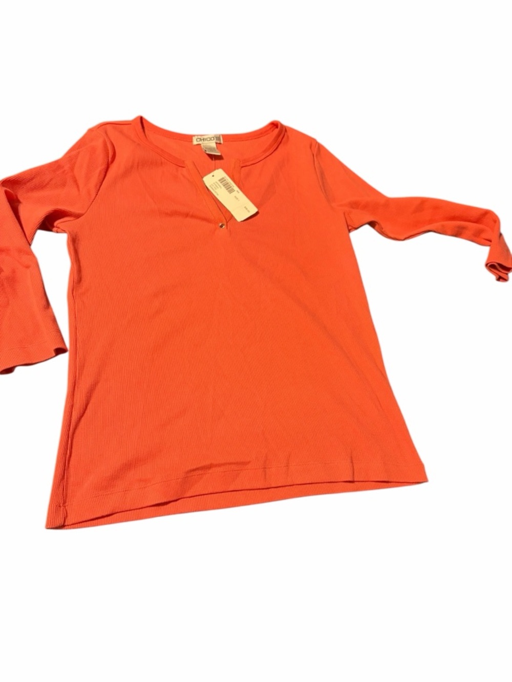 Chico's Terracotta Ribbed Scoop-Neck Long Sleeve Top Size 1 Notched Collar